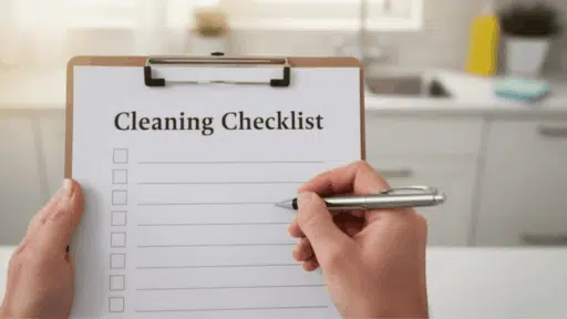 person writing a cleaning checklist on a clipboard in a bright kitchen, organizing household tasks for effective home cleaning routine