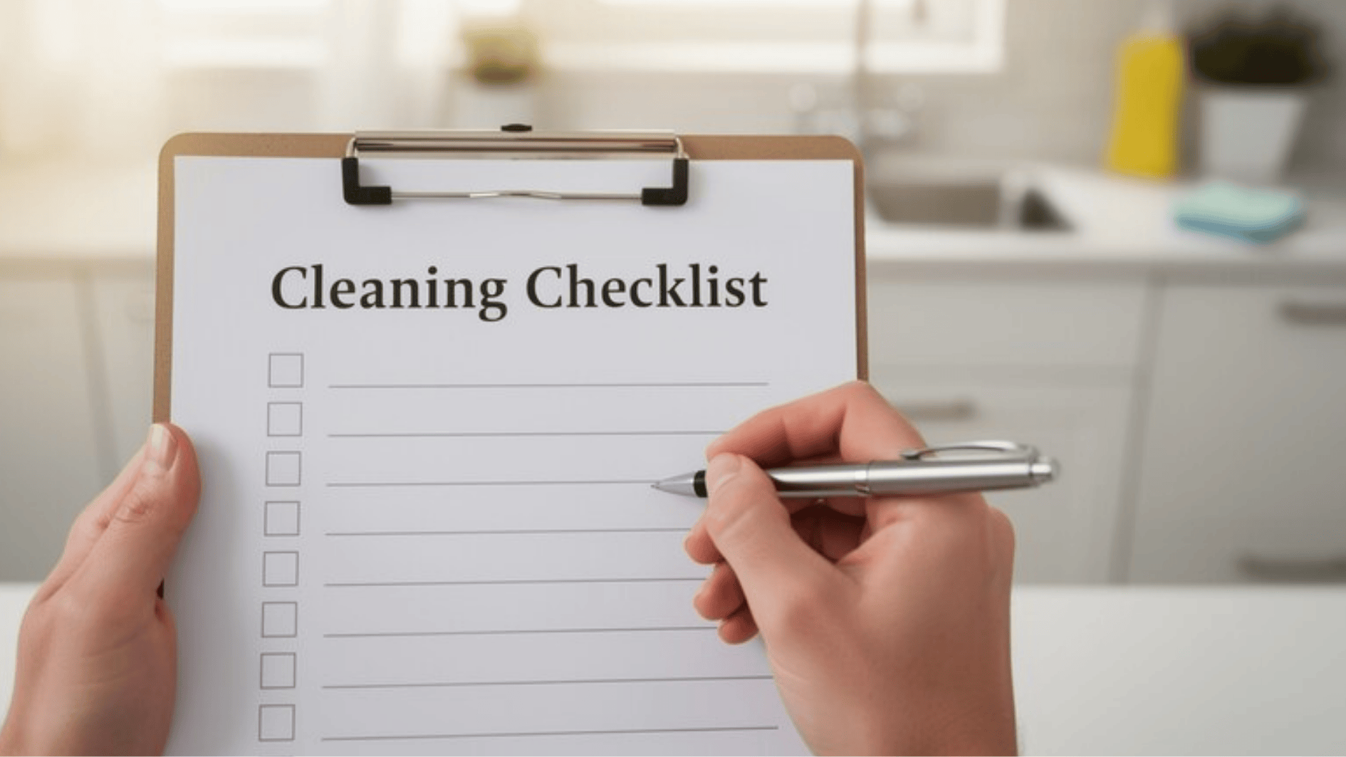 person writing a cleaning checklist on a clipboard in a bright kitchen, organizing household tasks for effective home cleaning routine