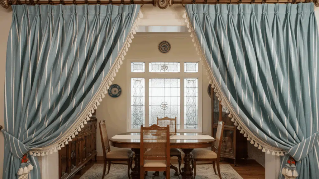 pinch pleat curtains offering a formal and elegant appearance in a dining room.