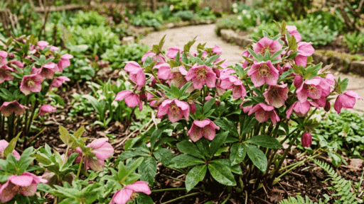 pink hellebore flowers blooming in an early spring garden bed with green foliage and a natural pathway background