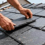 placing and adjusting slate tiles by hand on roof to ensure proper overlap and alignment during slate roofing installation