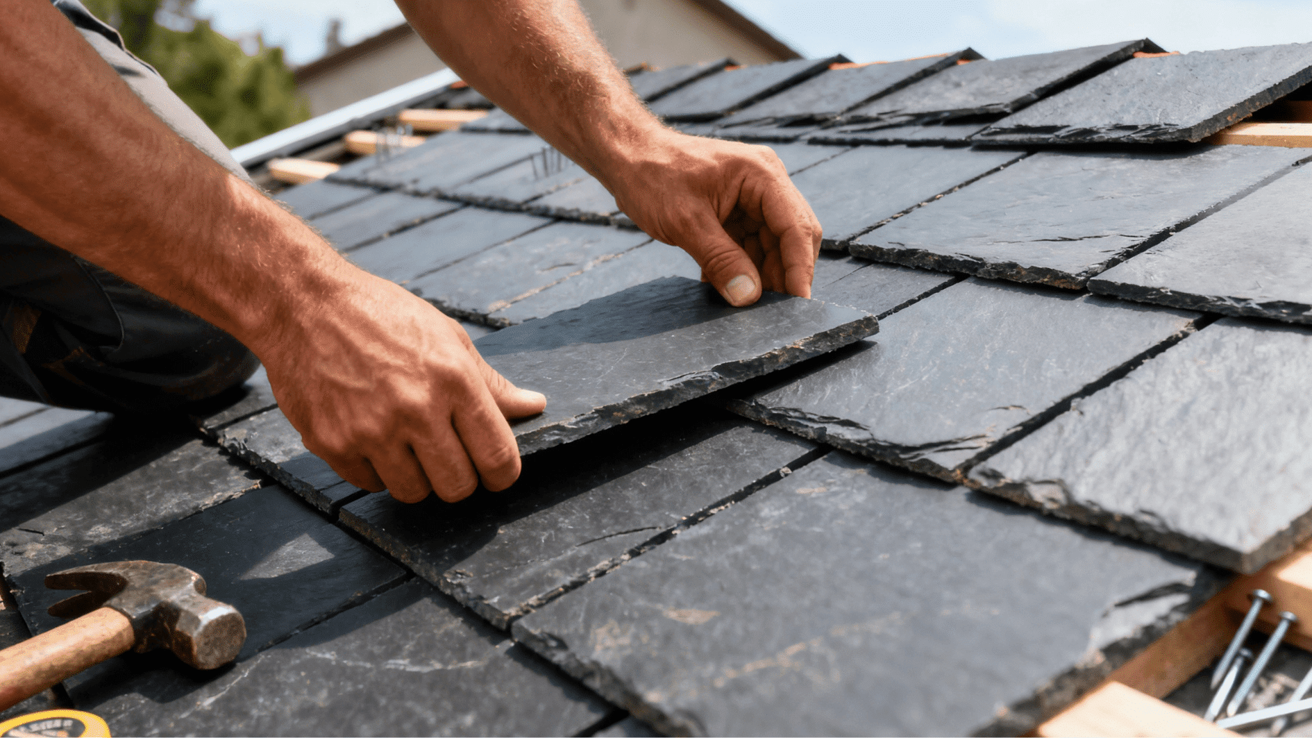 placing and adjusting slate tiles by hand on roof to ensure proper overlap and alignment during slate roofing installation