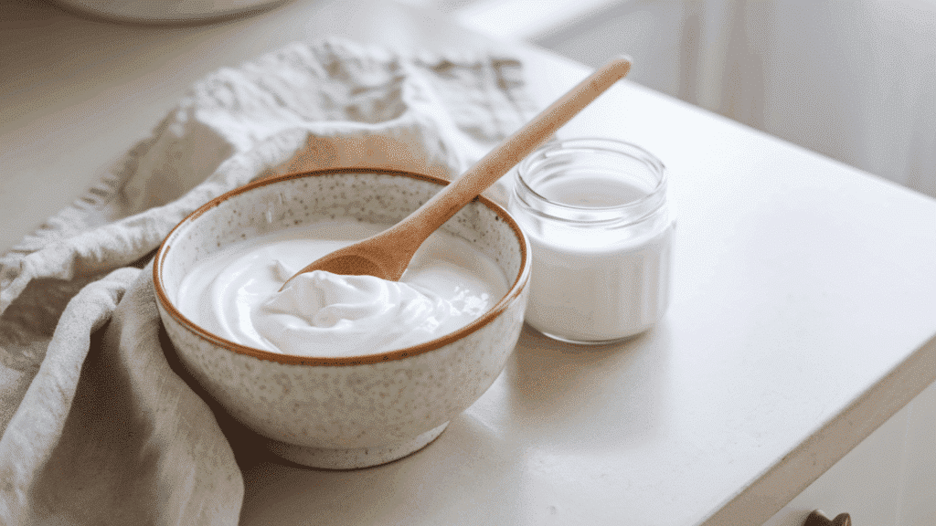 plain white yogurt in a ceramic bowl with a wooden spoon and a small yogurt jar placed beside it on a light kitchen countertop