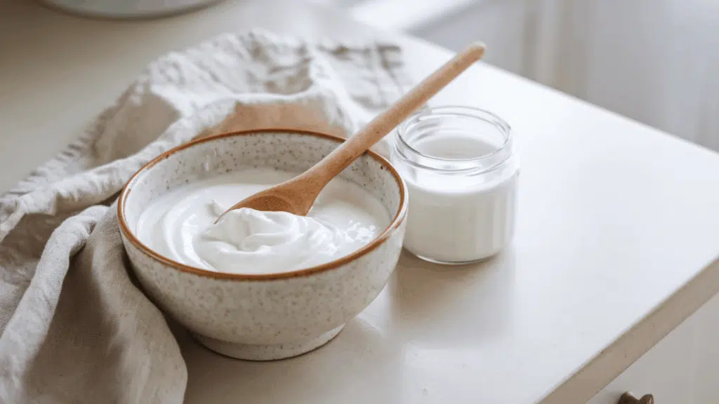 plain white yogurt in a ceramic bowl with a wooden spoon and a small yogurt jar placed beside it on a light kitchen countertop