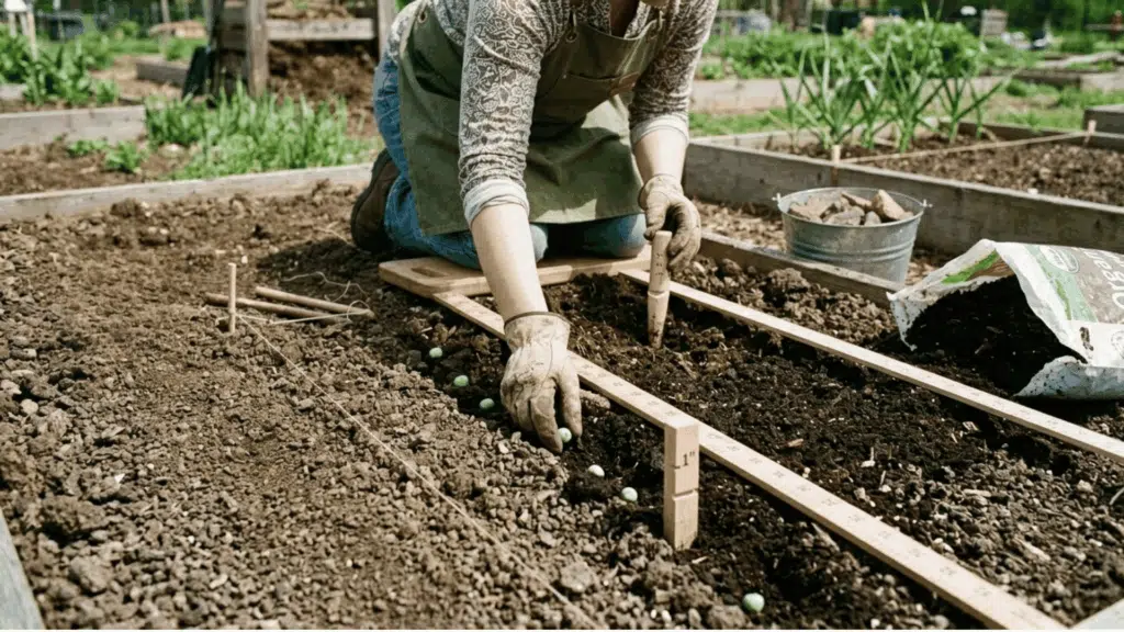 planting pea seeds at proper spacing in prepared soil using a measuring guide