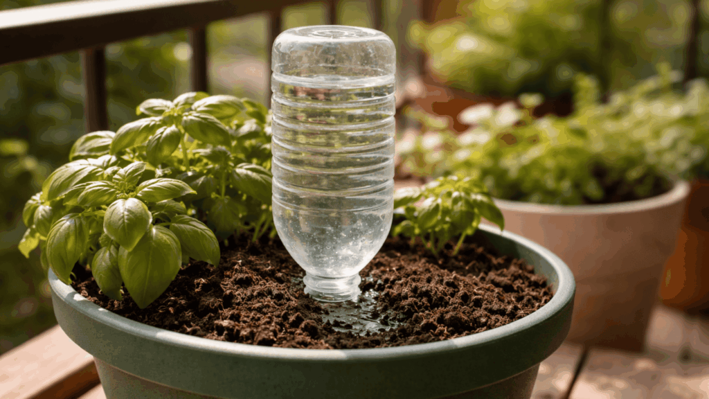 plastic bottle placed upside down in a potted plant to slowly release water and reduce daily watering effort