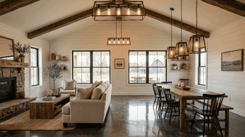 polished stained concrete farmhouse floors reflecting warm light from industrial-style black metal fixtures in a modern rustic interior (2)