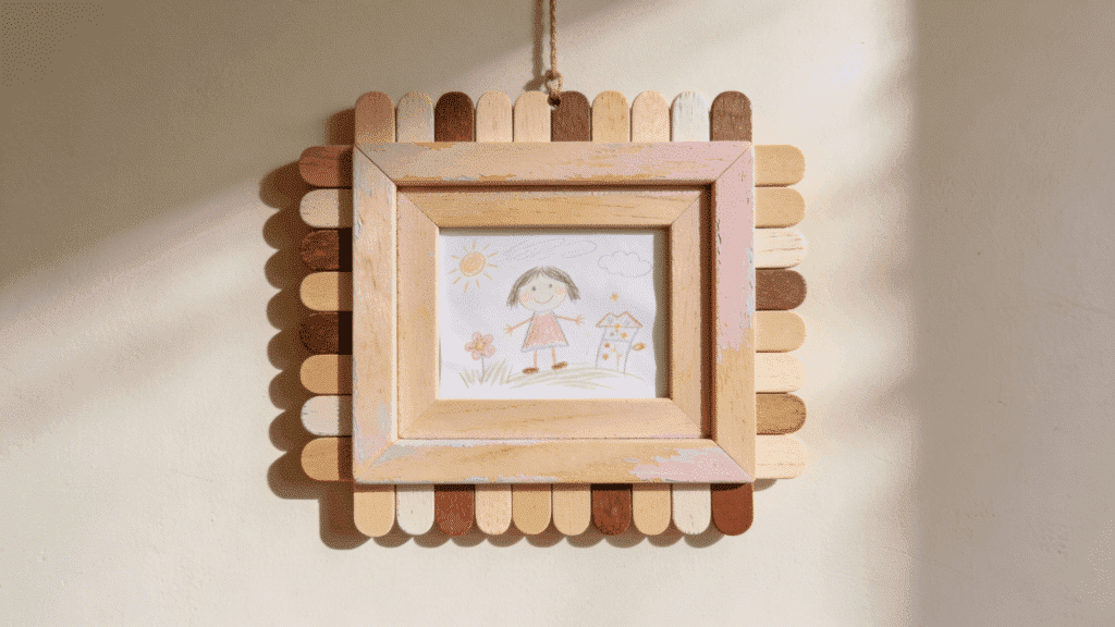 popsicle stick square diy photo frame painted in soft colors hanging on wall