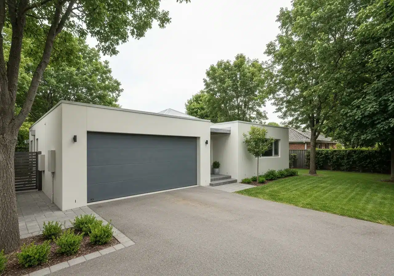 Modern single-story house with white facade and gray garage in suburban neighborhood