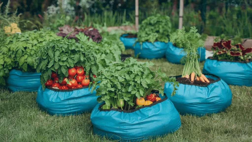 portable fabric garden grow bags filled with soil growing tomatoes carrots herbs and vegetables arranged across a grassy backyard garden