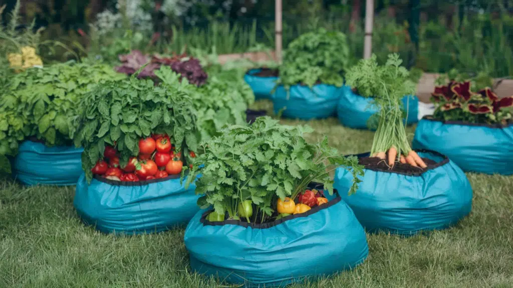 portable fabric garden grow bags filled with soil growing tomatoes carrots herbs and vegetables arranged across a grassy backyard garden