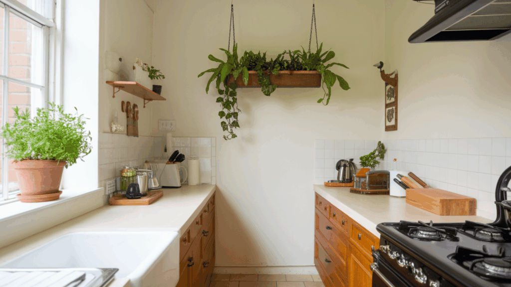 potted plants and greenery bringing life to a galley kitchen with modern touches.