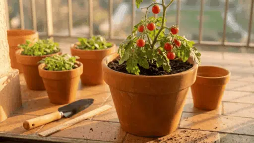 potted tomato plant with red fruits on a balcony surrounded by small pots, gardening tools, and sunlight in the background
