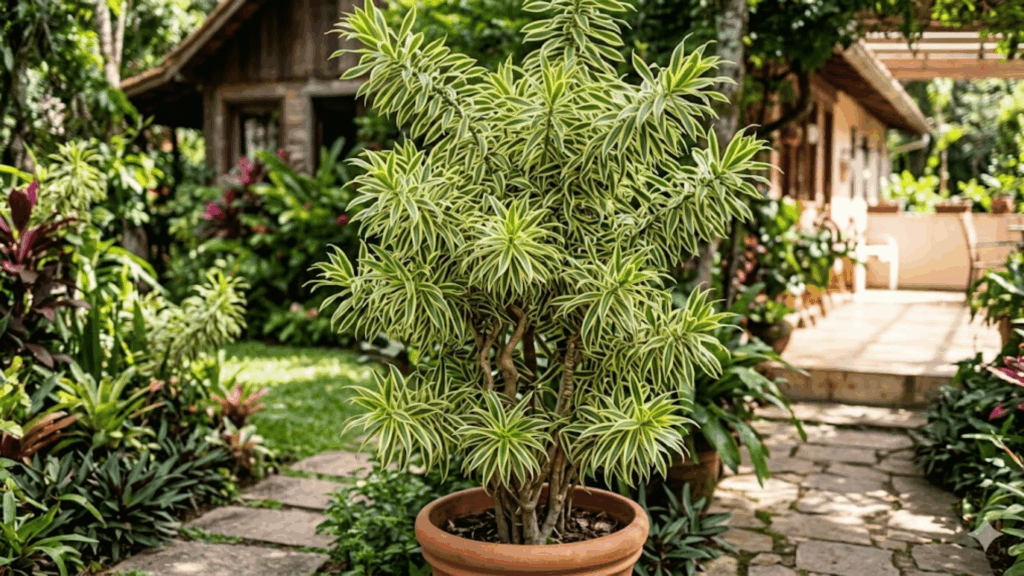 potted variegated plant with green and yellow leaves placed on stone path in a lush garden near a wooden house