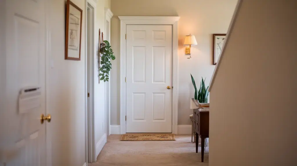 pre hung door installed in a bright hallway with white trim, beige walls, wall sconce lighting, and small console table with plants