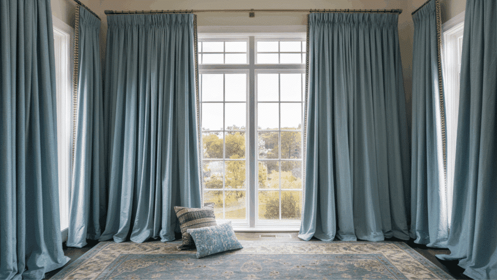 puddle-length curtains gently resting on the floor creating a luxurious feel in a bedroom.