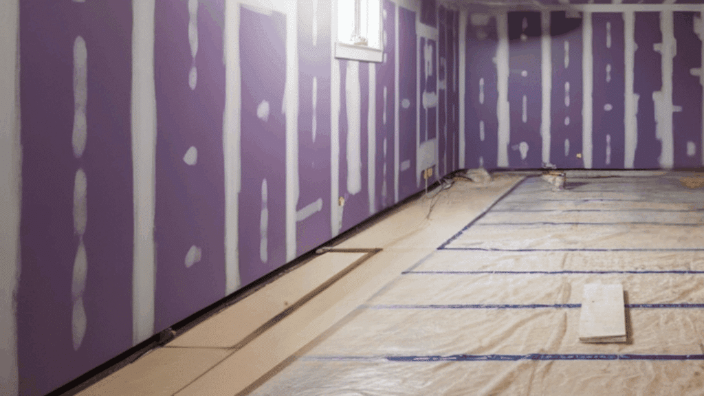 purple mold-resistant drywall with visible joint compound lines in a partially finished room, with construction tools and protective floor covering