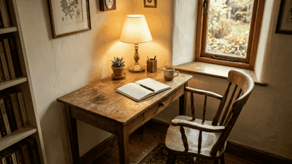 quiet corner with wooden desk chair lamp books soft lighting and calm atmosphere creating a peaceful work or reading area (1)