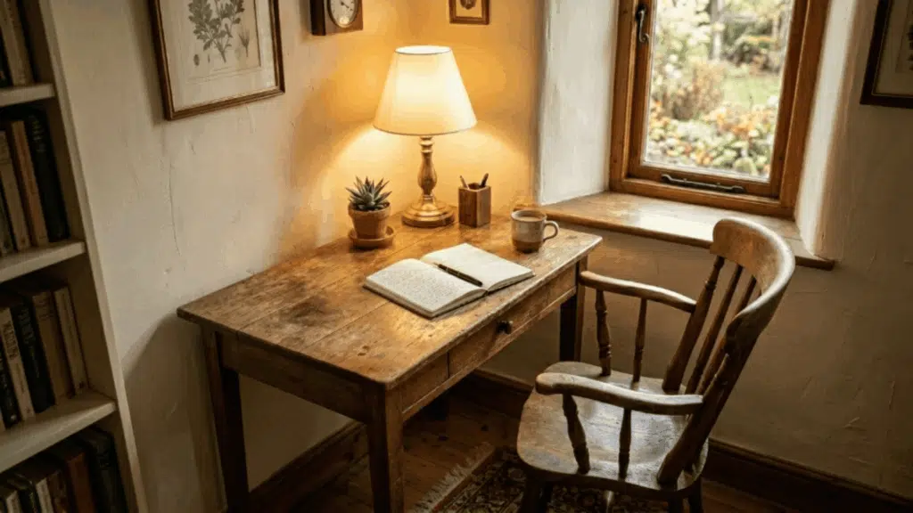 quiet corner with wooden desk chair lamp books soft lighting and calm atmosphere creating a peaceful work or reading area (1)