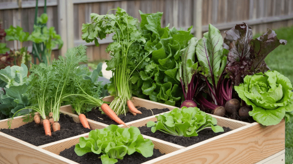 raised garden bed divided into sections growing carrots lettuce beets and leafy greens with fresh vegetables thriving in backyard garden