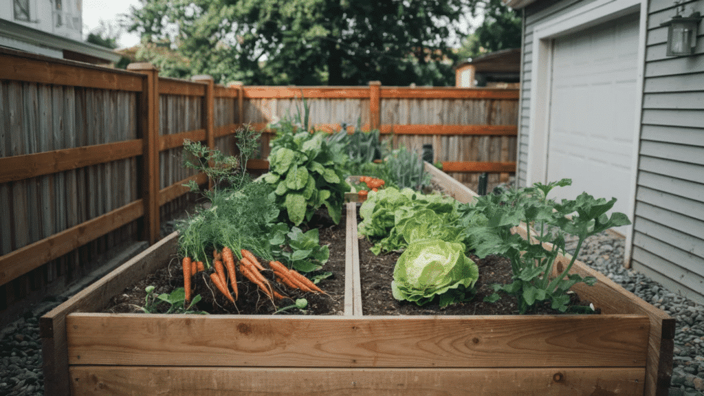 raised garden bed in backyard with carrots lettuce and leafy vegetables growing beside a wooden fence and small shed building