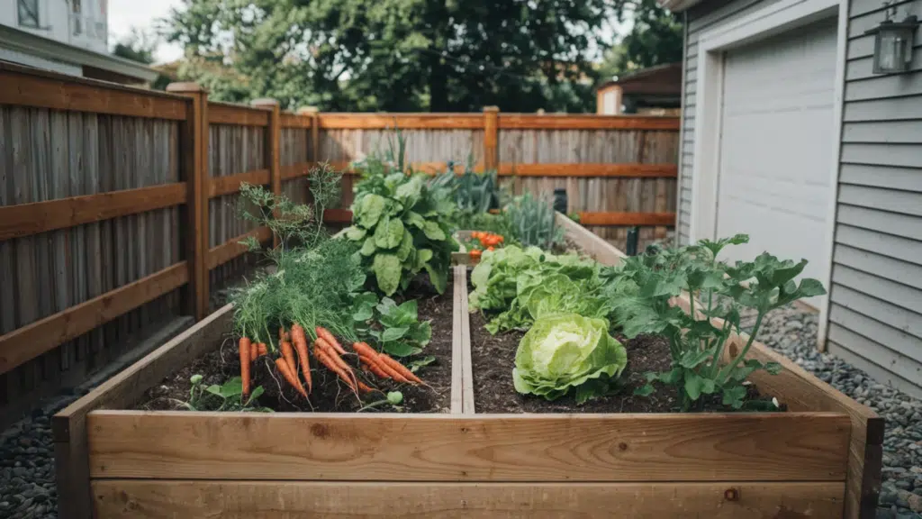 raised garden bed in backyard with carrots lettuce and leafy vegetables growing beside a wooden fence and small shed building