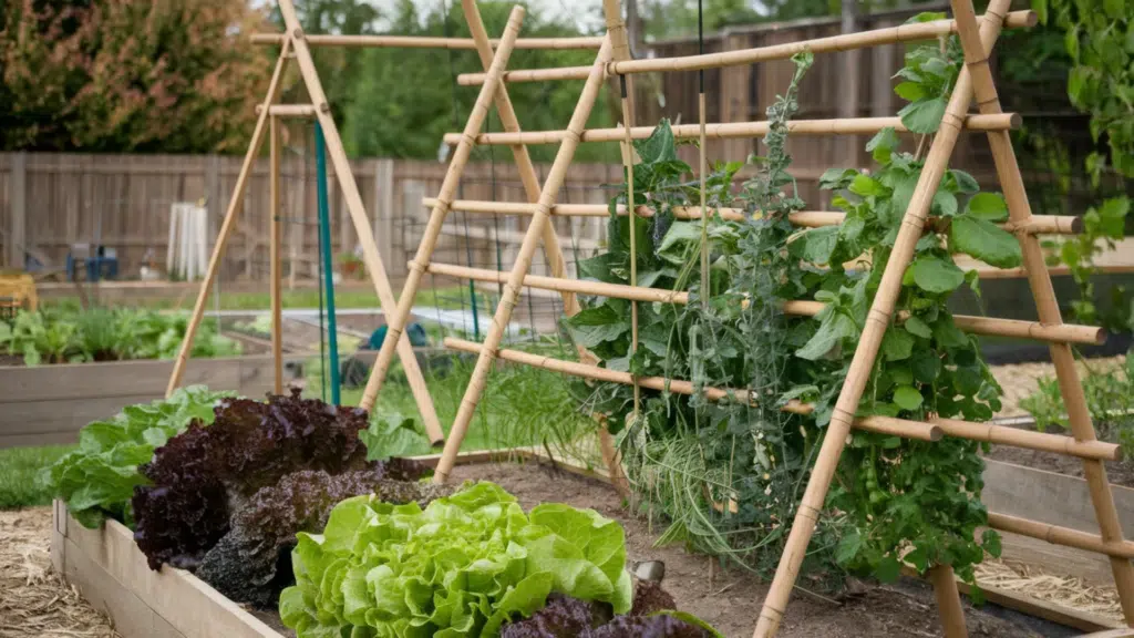 raised garden bed with lettuce plants and bamboo trellis supporting climbing vegetables in a backyard vegetable garden near wooden fence