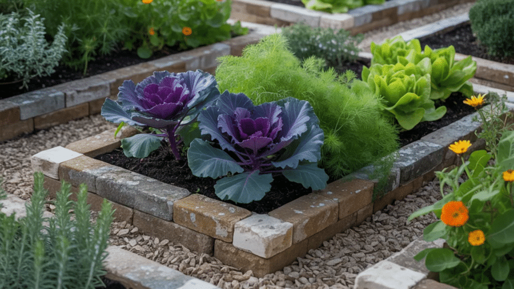 raised garden beds filled with lettuce herbs flowers and purple ornamental cabbage arranged neatly in a backyard vegetable garden