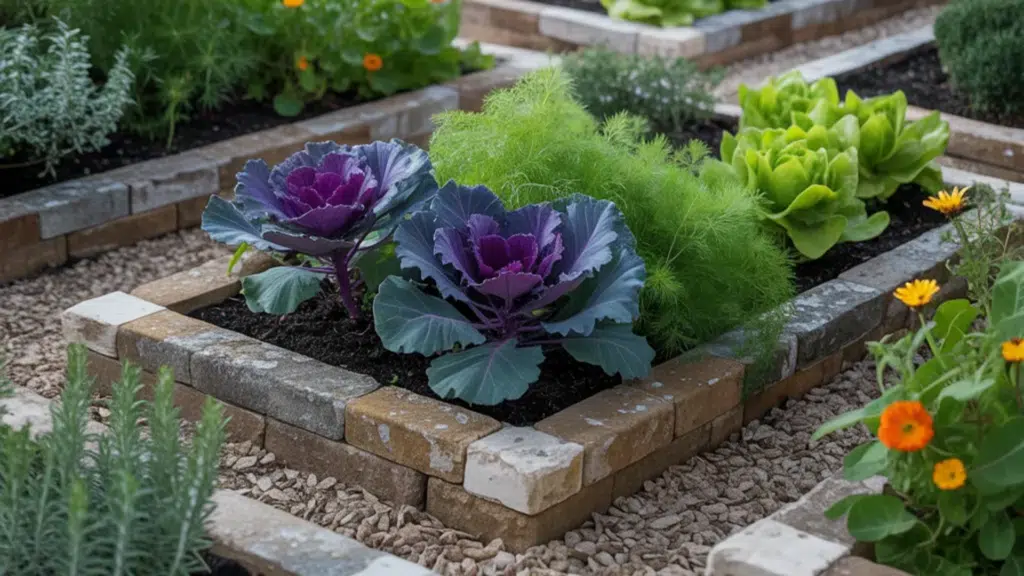 raised garden beds filled with lettuce herbs flowers and purple ornamental cabbage arranged neatly in a backyard vegetable garden