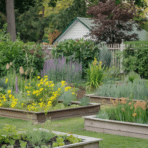 raised garden beds filled with vegetables herbs and flowers arranged neatly in backyard garden with wooden fence and trees behind