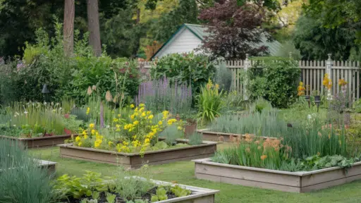 raised garden beds filled with vegetables herbs and flowers arranged neatly in backyard garden with wooden fence and trees behind