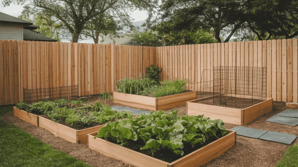 raised garden beds with various plants, surrounded by a wooden fence and stone walkways