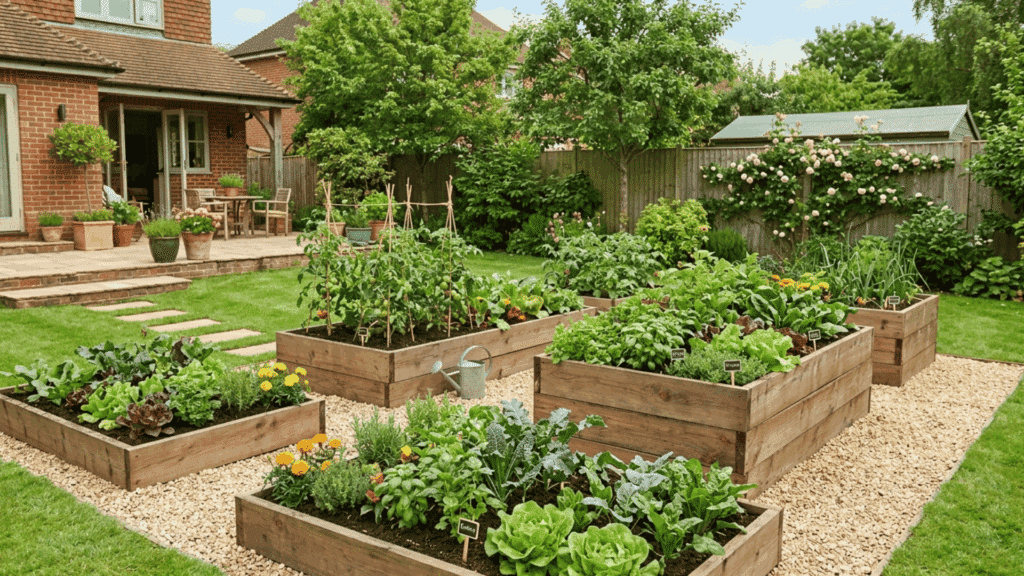 raised garden beds with vegetables in an organized and easy-to-maintain backyard.