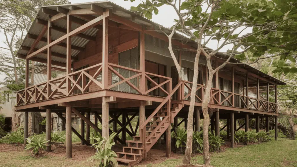 raised wooden house on stilts with wraparound porch and exterior staircase surrounded by trees