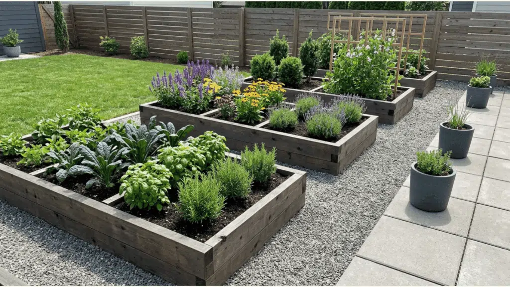 raised wooden planter beds with herbs and flowers in a modern backyard garden layout