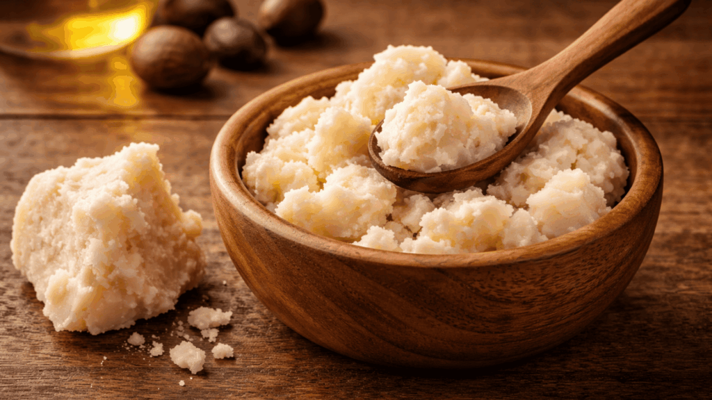 raw shea butter scooped into a wooden bowl with a spoon and a chunk of unprocessed shea butter placed beside it on a rustic surface