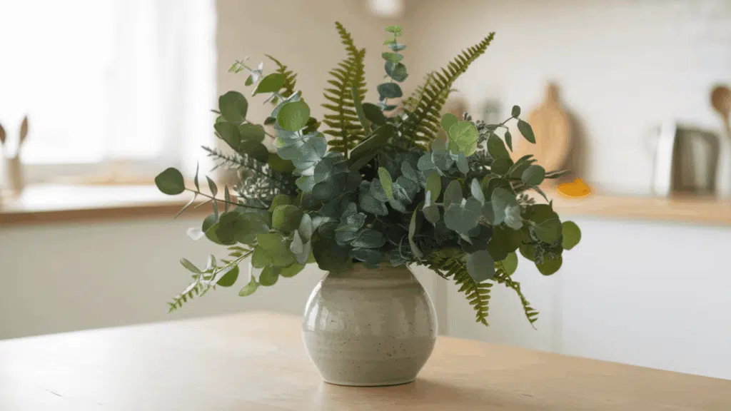 realistic faux eucalyptus and fern stems arranged in a ceramic vase placed on a kitchen table in soft natural light