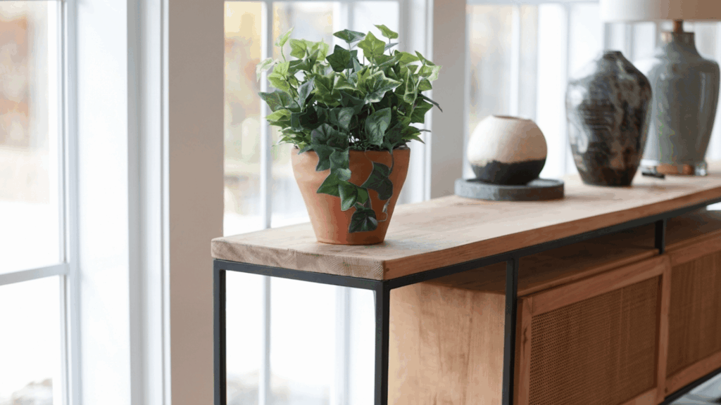 realistic faux trailing vine in a terracotta pot placed at one end of a wooden console table in a bright interior