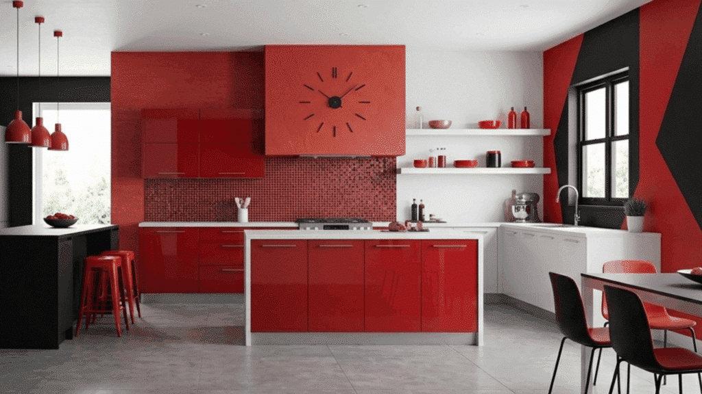 red and black kitchen with sleek cabinets, island seating, and minimalist decor.
