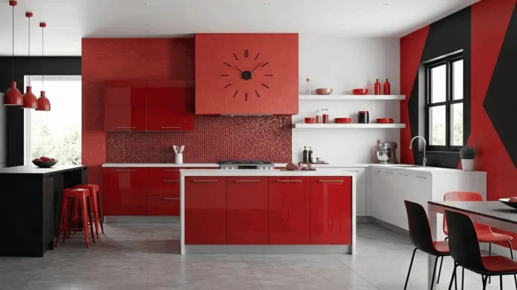 red and black kitchen with sleek cabinets, island seating, and minimalist decor.