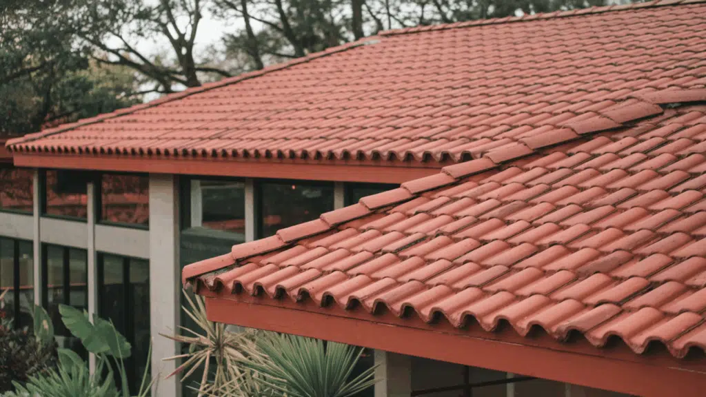 red concrete tile roof on modern home with curved barrel tiles and landscaped yard in background