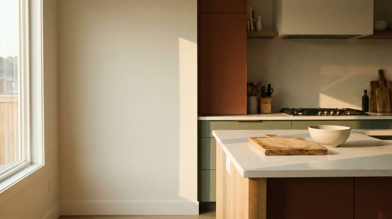 Modern kitchen with wooden cutting board and bowl on countertop under warm sunlight
