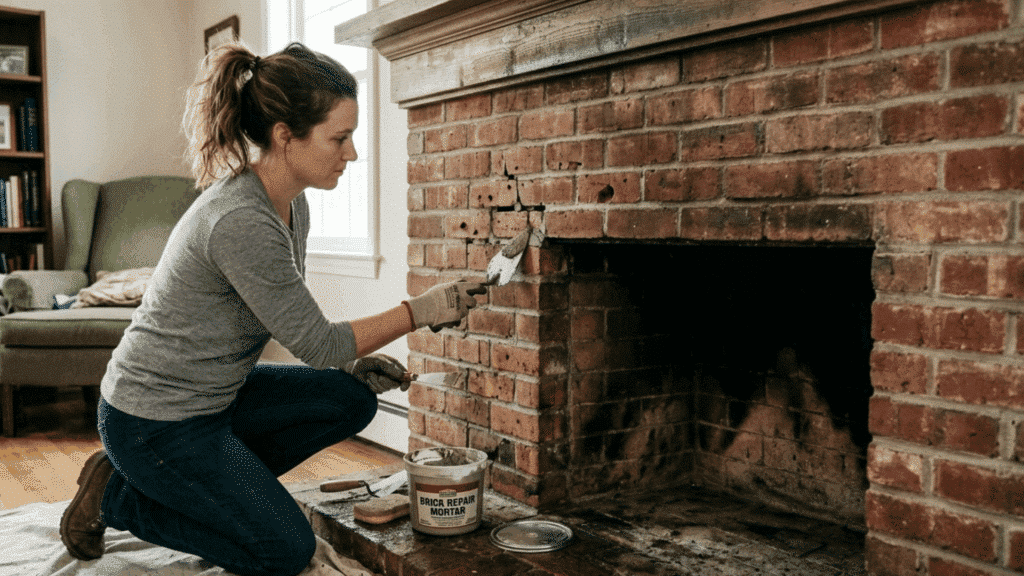 repairing cracks in brick fireplace with mortar before painting.