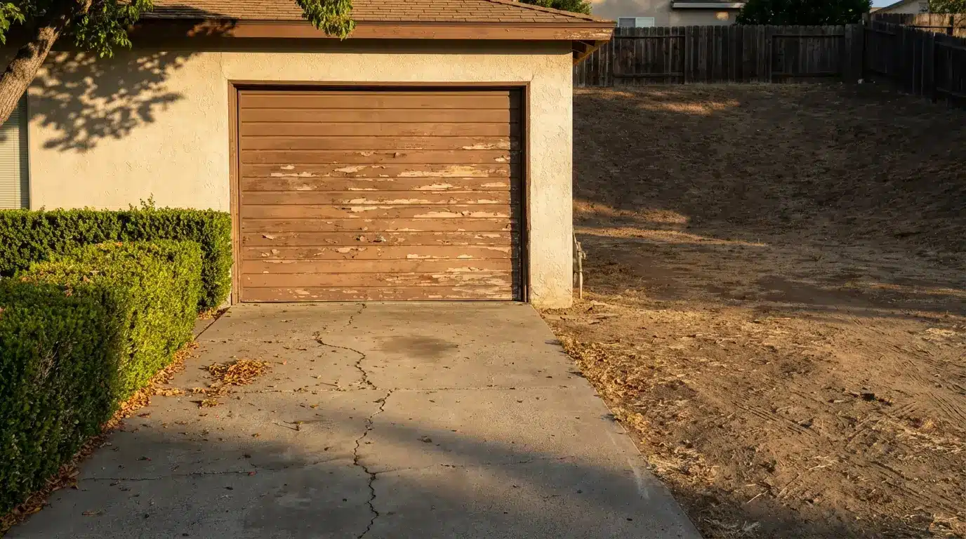Weathered wooden garage door with cracked driveway and green hedge in suburban backyard setting