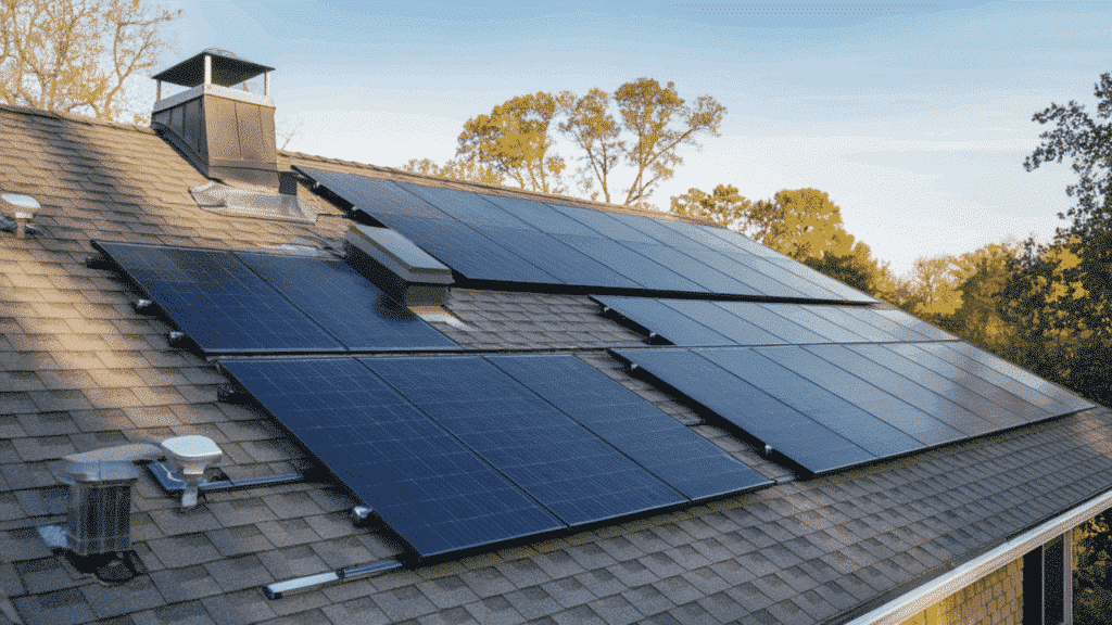 residential roof with black solar panels installed on asphalt shingles under clear sky with trees in background