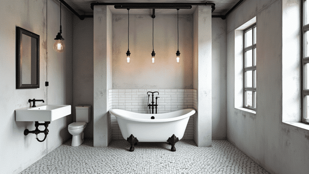 retro industrial bathroom with exposed black iron pipes, white clawfoot tub, Edison pendants and raw concrete walls