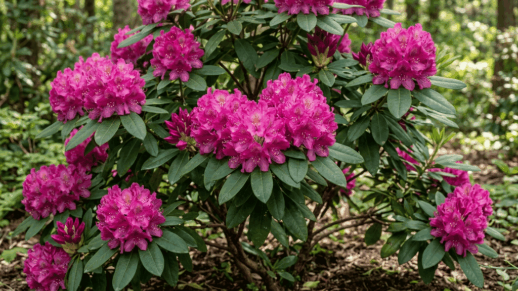 rhododendron close view with large flower clusters and deep green leaves plant fully visible not cut from above in soft light with strong detail