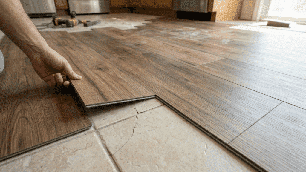 rigid core vinyl flooring installed in open living room.