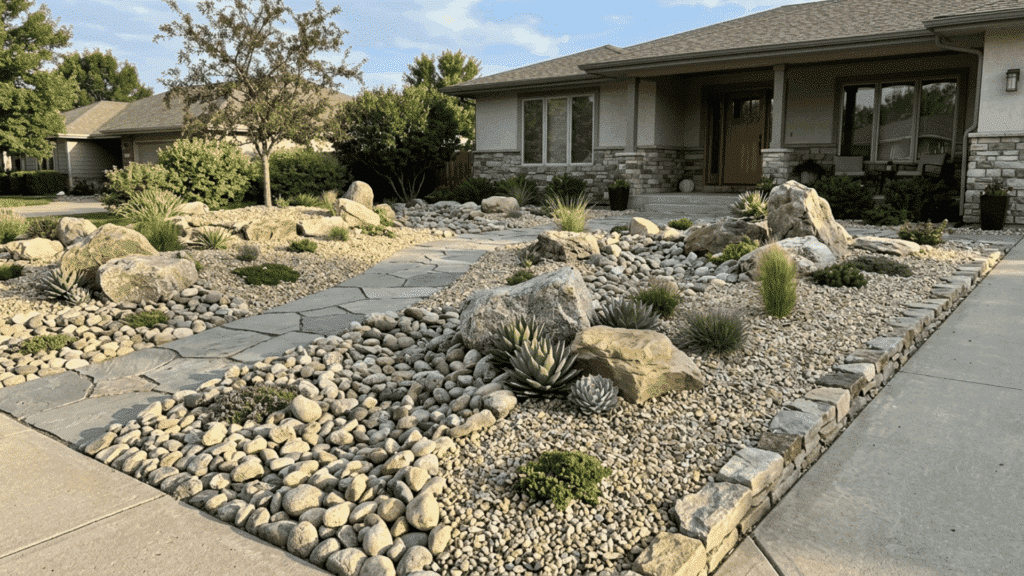 rock garden front yard with stones, gravel, and minimal plants for easy upkeep.
