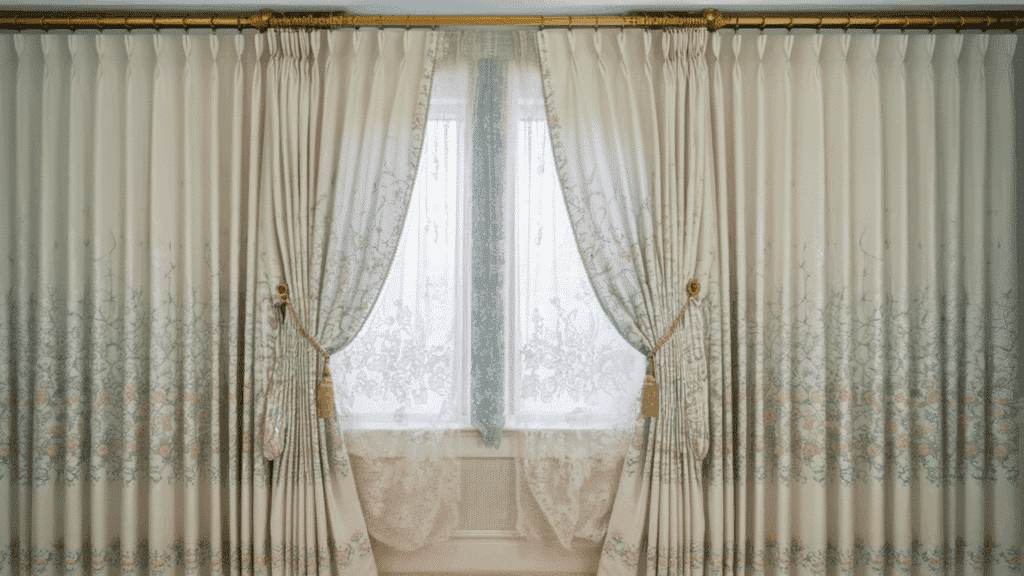 rod pocket curtains with gathered fabric hanging on a window in a cozy bedroom.